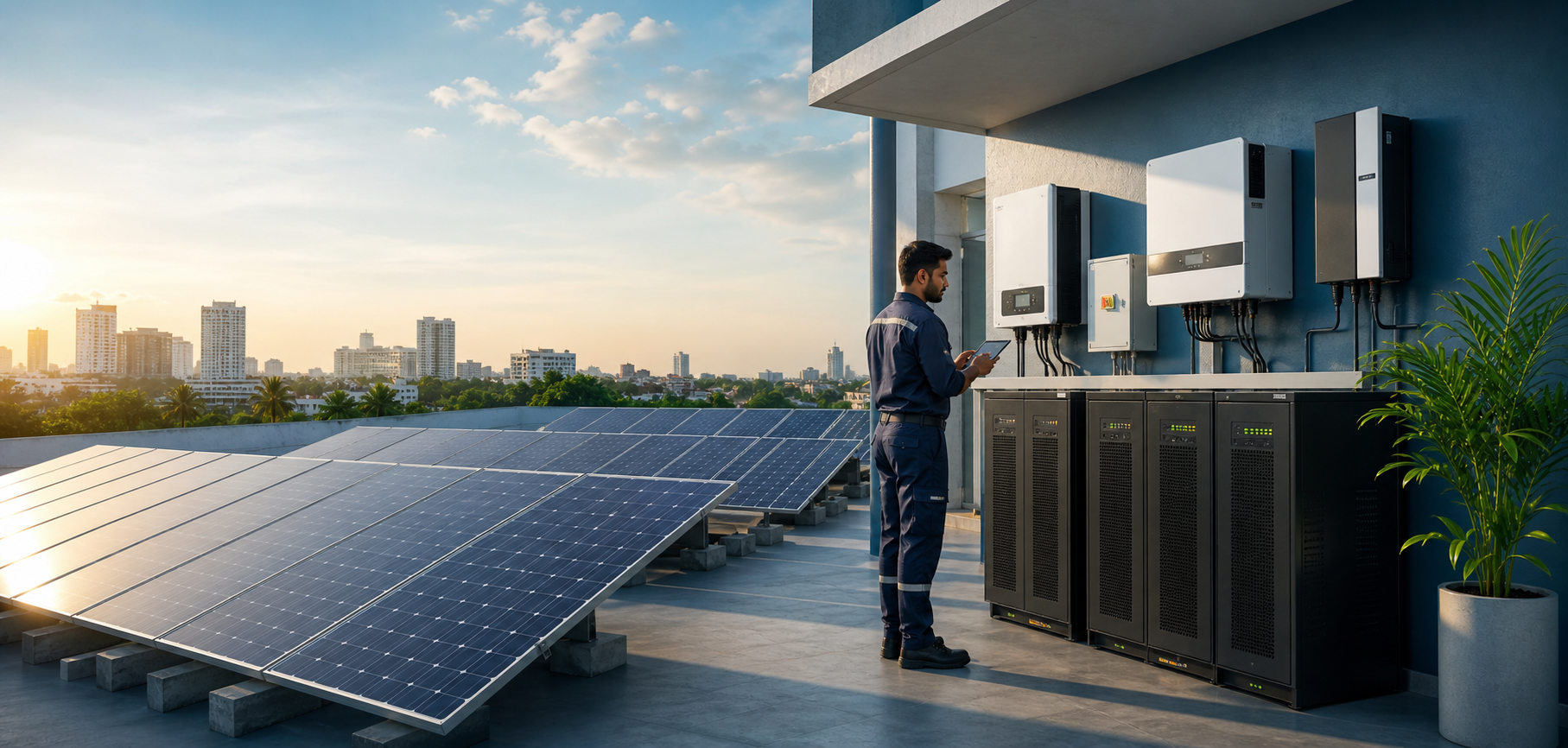 Commercial rooftop with solar panels, UPS battery cabinets, inverter equipment, and a technician reviewing energy data