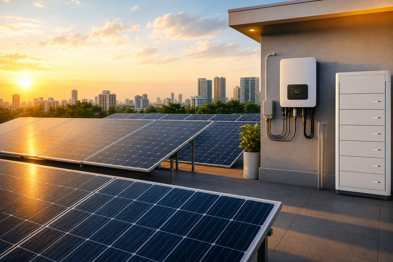 Commercial rooftop solar system with panels, hybrid inverter, battery storage, and Chennai skyline