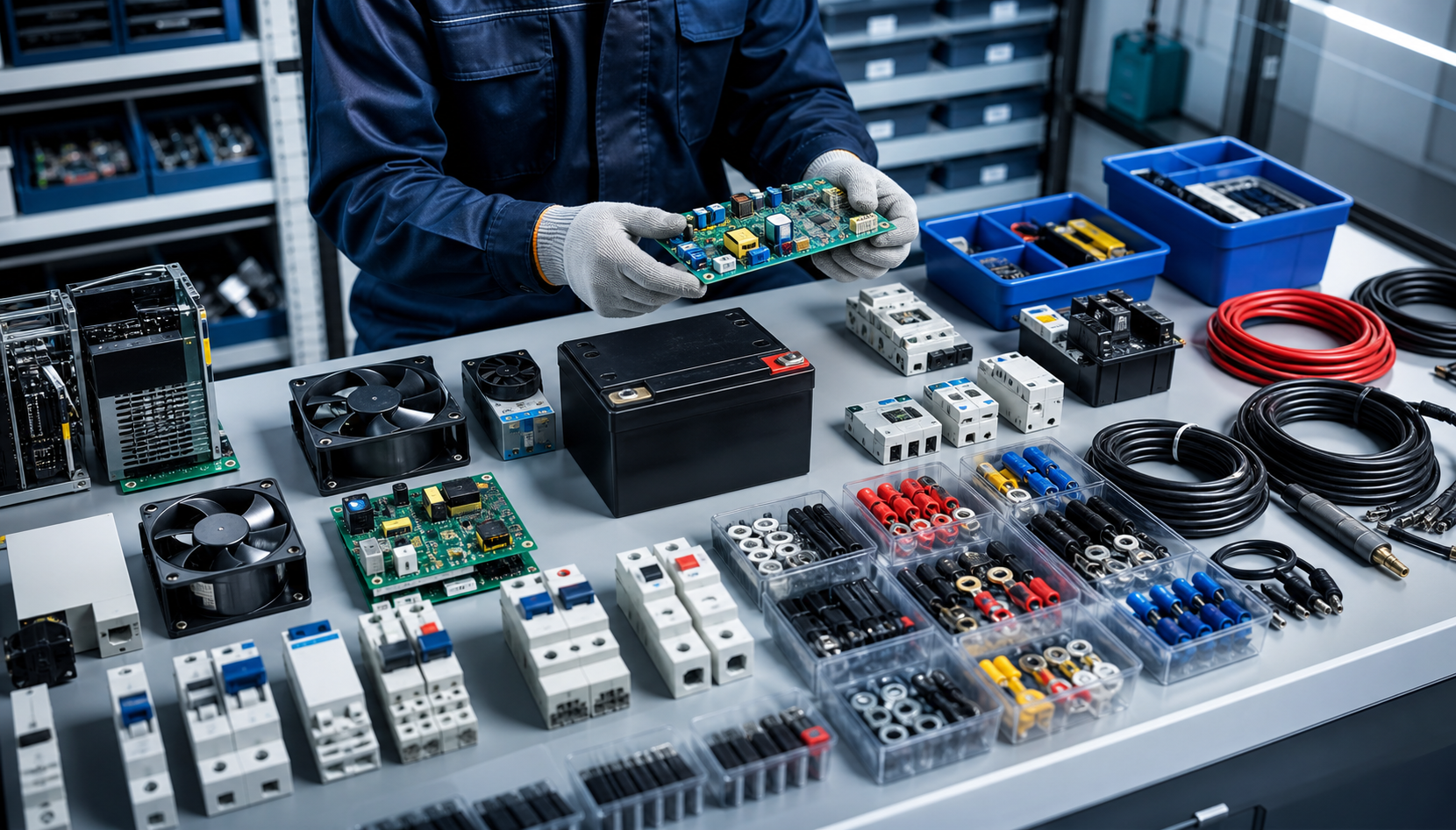 Organized UPS, solar inverter, battery and electrical spare parts on a clean service workshop bench