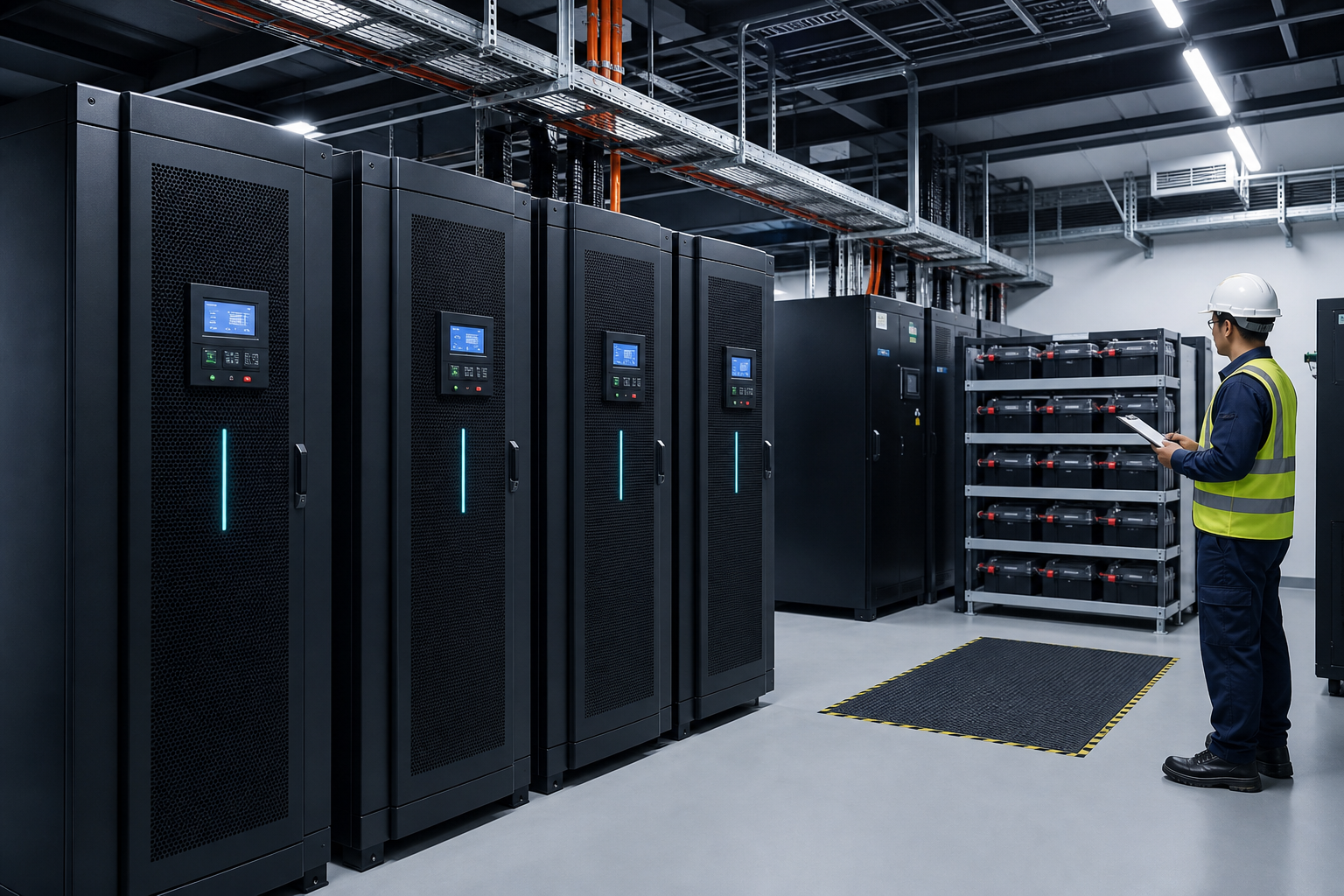Clean UPS equipment room with online UPS cabinets, battery racks, and a technician inspecting the backup power system